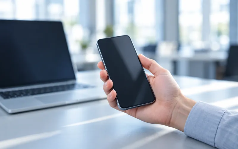 Hand mit Smartphone vor einem Laptop als Sinnbild für einen Webdesigner, der nicht erreichbar ist