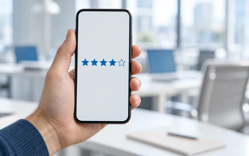 Smartphone mit Sternebewertung zum Thema Google Bewertungen löschen lassen