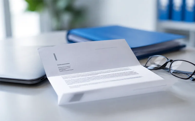 Geöffneter Abmahnbrief neben Brille und Laptop