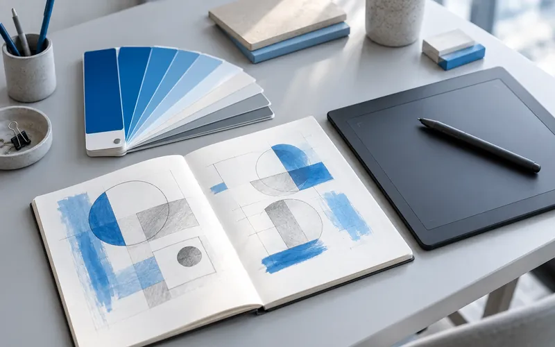 Arbeitsplatz für Grafikdesign in Bonn mit Farbfächer, Skizzenbuch und Grafiktablett