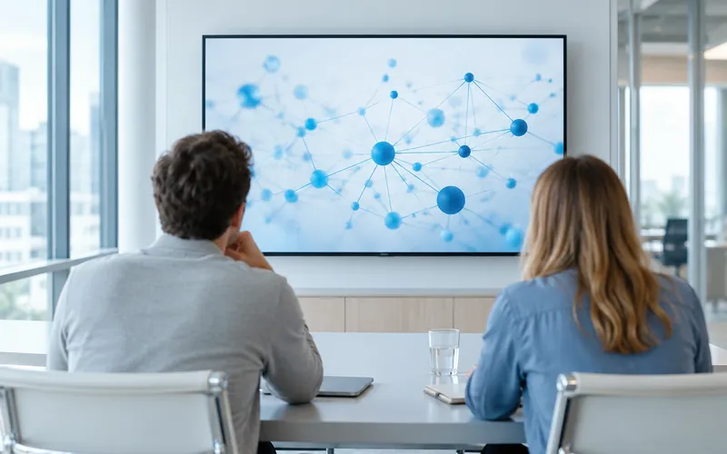 Zwei Personen vor einem Bildschirm mit einer Visualisierung künstlicher Intelligenz