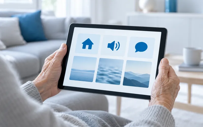 Ältere Person hält ein Tablet mit klaren Symbolen als Beispiel für Leichte Sprache und Barrierefreiheit