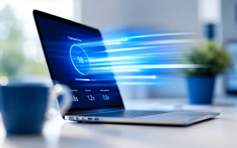 Laptop mit PageSpeed-Anzeige und blauen Tempo-Lichtstreifen