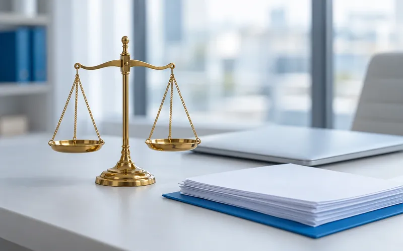 Justitia-Waage neben Laptop und Unterlagen zum Thema Rechtssicherheit für die Webseite