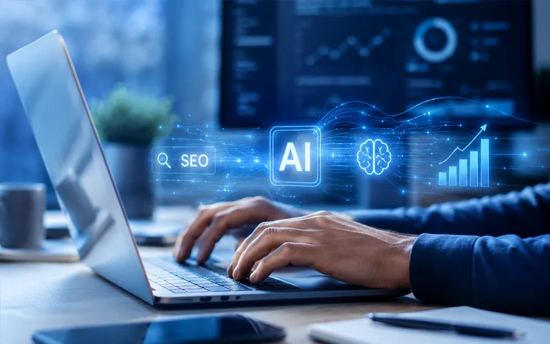 Hände an der Tastatur mit schwebenden SEO- und KI-Symbolen