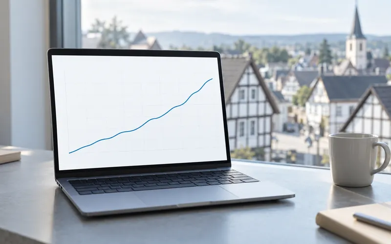 Laptop mit steigender Kurve vor einer Kleinstadt als Sinnbild für Suchmaschinenoptimierung in Meckenheim