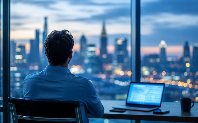 Person blickt aus dem Bürofenster auf eine abendliche Stadtkulisse