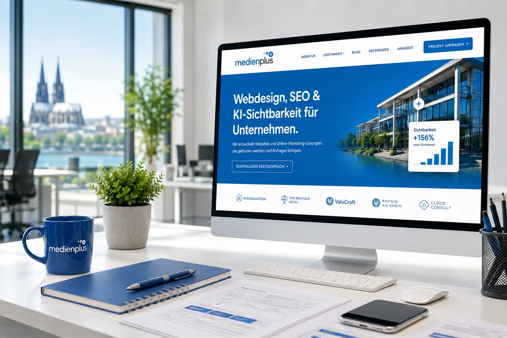 Arbeitsplatz der Webagentur medienplus mit Monitor, auf dem die eigene Website läuft, im Hintergrund der Kölner Dom